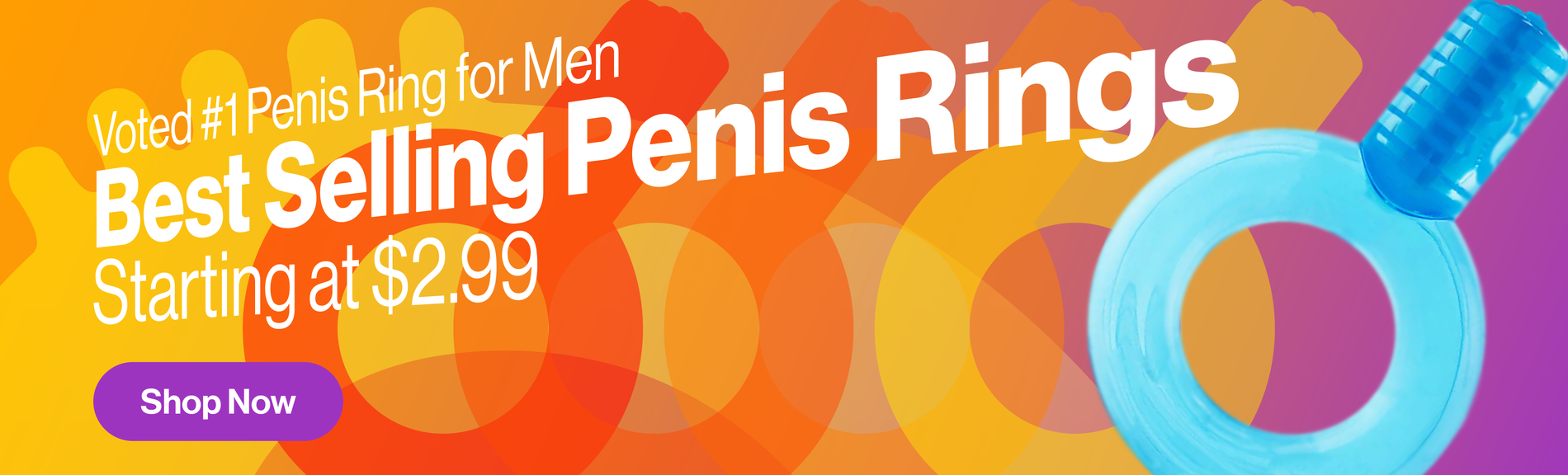 Promotional banner for penis rings with colorful design and text on a vibrant background