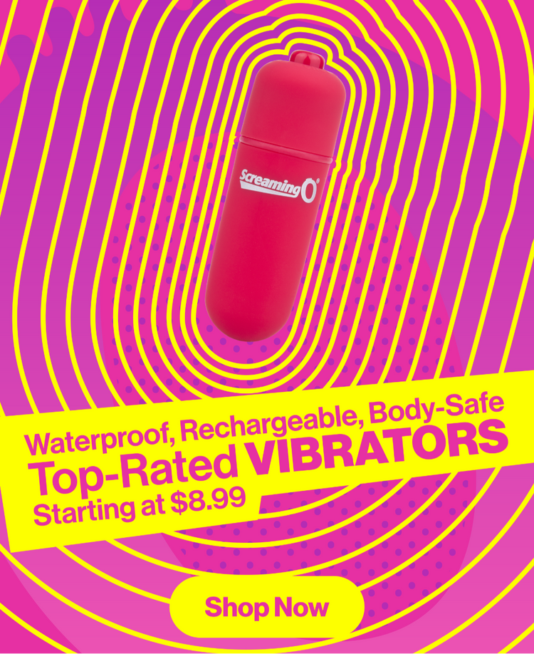 Pink vibrator with 'Screaming O' branding on a pink and yellow spiral background with promotional text.